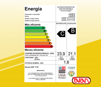 AIRE ACONDICIONADO 12000 BTU JAMES AAM-12 FT-FC